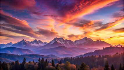 Obraz premium A Symphony of Hues: Whispers of Pink and Purple on Mountain Peaks generative AI