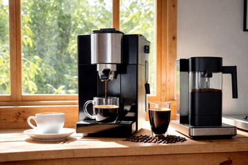 Black coffee machine with cup on counter in kitchen