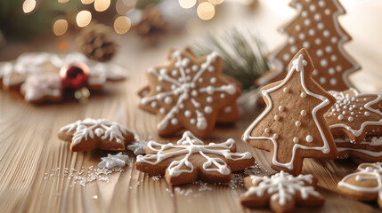 A close-up of beautifully decorated Christmas gingerbread cookies on a wooden table. The cookies are adorned with intricate white icing designs, adding a touch of holiday charm. 