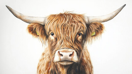 Adorable highland cow portrait painted with watercolours.