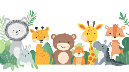 Obraz premium Adorable jungle animals are shown in this cute illustration. A bear, elephant, tiger, lion, fox, giraffe, rabbit, deer, crocodile, owl, monkey, and hippo can all be seen.