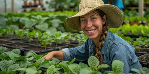 A young woman working in a lush greenhouse, smiling while tending to potted plants. She wears a straw hat and denim shirt, surrounded by vibrant green foliage.