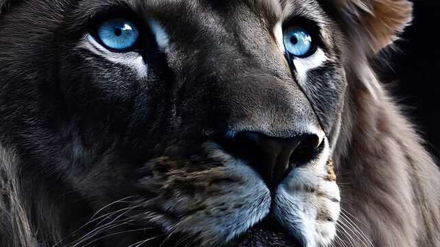 black and white lion with blue eyes, close up, dark background, high contrast, black and grey, high resolution, high quality photography