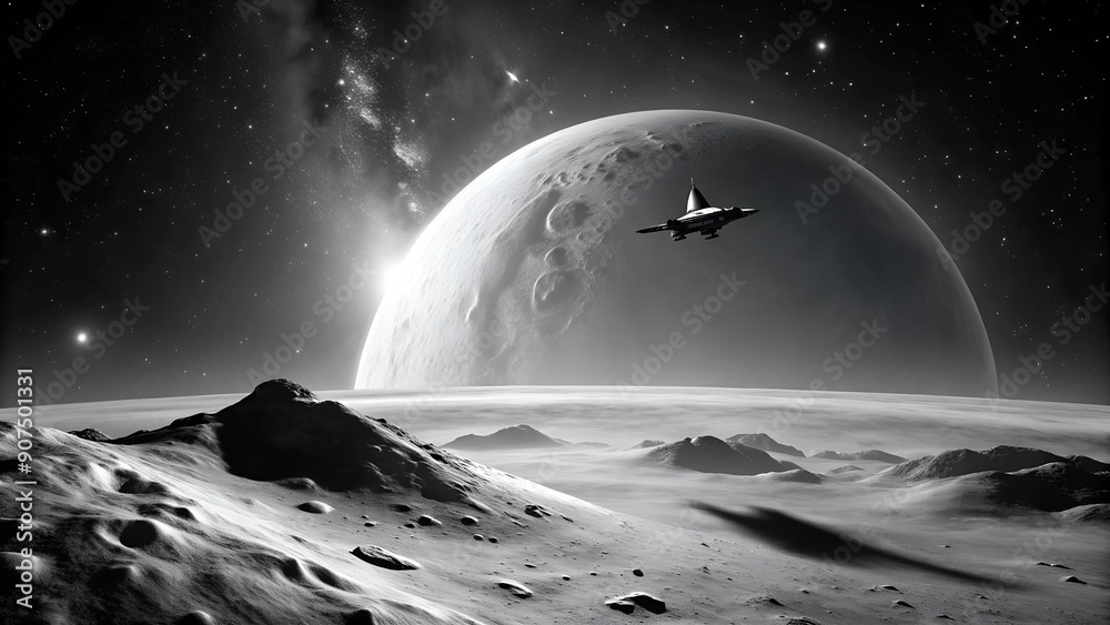 Canvas Prints lunar landscape with silhouetted spaceship generative ai