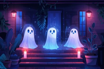 Ghostly attire in a dark ambiance creates a mysterious celebration depicted in a flat design illustration.
