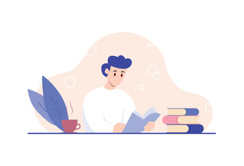 A man in a white shirt is reading a book with a cup of coffee and a stack of books on the table. simple flat design, flat illustration, EPS 10.