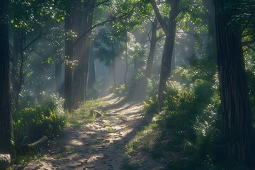 Obraz premium Sunbeams through a Misty Forest Trail