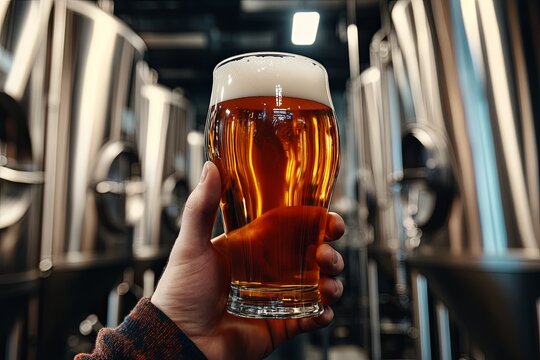 Hand holding a cold beer glass in a brewery with brewing tanks in background during evening