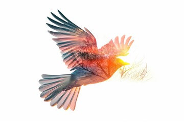 Bird flying showing freedom with sunset and trees double exposure