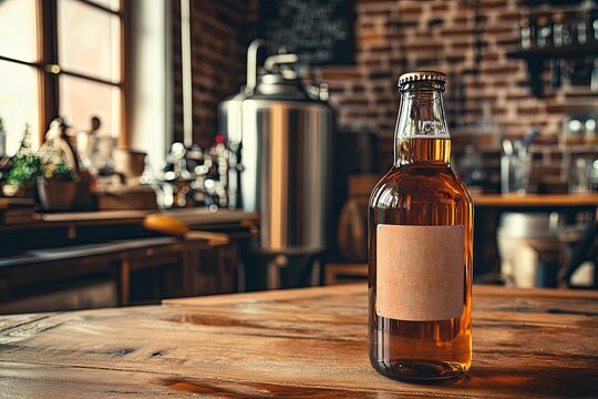 Rustic brewery interior featuring a glass bottle of amber beverage on a wooden table