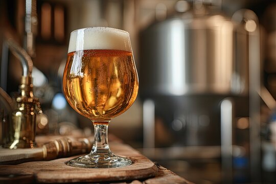 Golden craft beer in a decorative glass at a brewery during late afternoon