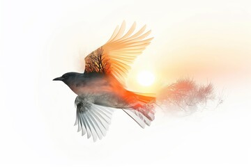 Obraz premium Bird flying with sunset and tree silhouette double exposure