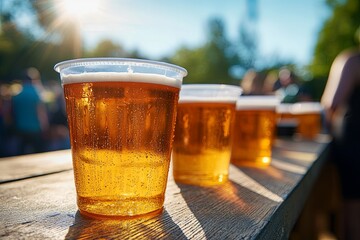 Refreshing beverages served in clear plastic cups at outdoor gathering during late afternoon sunshine