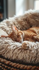 Ginger cat sleeping peacefully in a fluffy bed.
