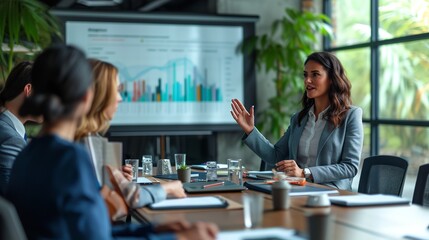Confident businesswoman leading a presentation during a professional business meeting in a modern office setting