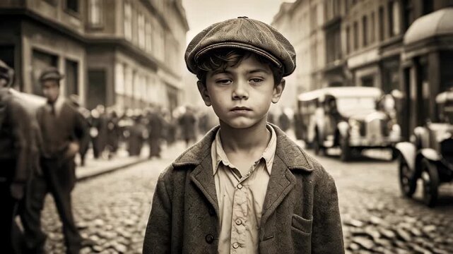 A young boy standing alone on the street, vintage 1900s style sepia image