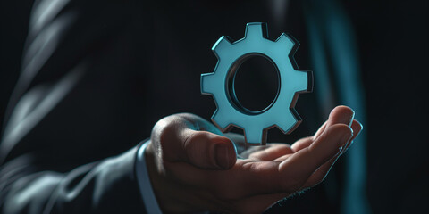 Businessman's hand is holding virtual gear icon. businessand technology concept.
