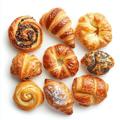 Baked pastries on a white background, full depth of field