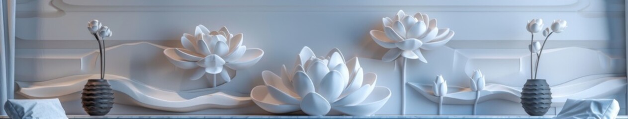 Fototapeta premium Ethereal Lotus Sculpture in Plaster Adorning a Bedroom Wall, Exuding Serenity and Eastern Aesthetics in Home Decor