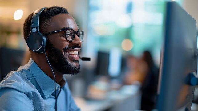 Professional black male customer service representative working in a call center office, providing telemarketing and CRM support while consulting on a headset