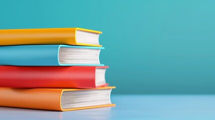 A stack of books with a blue background. The books are orange and yellow. The books are stacked on top of each other