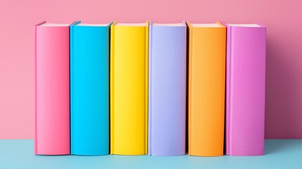 A row of colorful books with the pink book on the far left. The books are arranged in a rainbow order