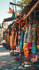 Obraz premium Colorful patterned bags hanging in a market stall.