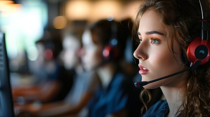 Call center professional collaborating with her team in a dynamic and modern office environment, highlighting teamwork and customer service excellence in a corporate setting.