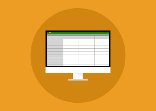 vector image of a computer with a screen displaying a spreadsheet program, minimal illustration