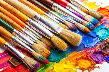 Fototapeta premium Paintbrushes and Palette with Colorful Paint.