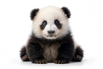 Obraz premium Adorable Panda Cub Sitting on White Background.