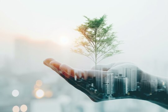Businessman holding growing tree with city buildings in his hand