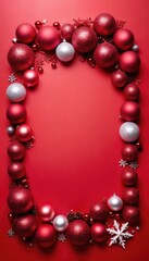 The image showcases a red backdrop with a collection of sparkling Christmas decorations, including glittering baubles, stars, and festive garlands, with space for text