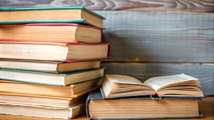 Stack of Books on Wooden Table.
