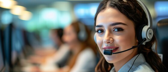 Call center professional providing customer support alongside a dedicated team in a modern office environment, showcasing teamwork and efficient communication skills in a collaborative workspace.