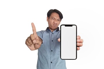 Business asian man, phone and smile with mockup for social media, advertising or marketing app agai.Isolated on white background 