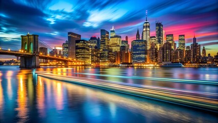 Obraz premium The Neon River: A Symphony of Light on the East River generative AI