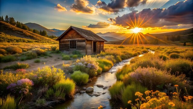 Whispers of the Riverbed: A Rustic Cabin Embraced by Nature's Hues  AI generated