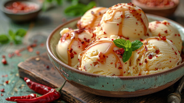 Delicious scoops of vanilla ice cream topped with caramel drizzle and sprinkle of chili flakes, garnished with mint leaf, showcasing unique blend of sweet and spicy flavors. Swicy trendy dessert