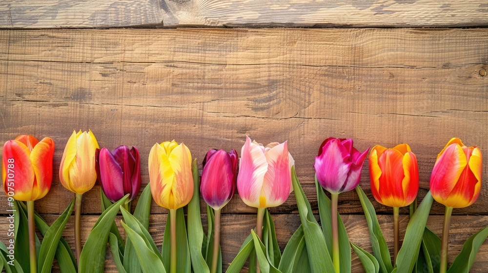 Poster Vibrant tulips displayed on wood with space for text