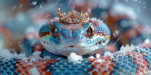 A snake wearing a crown, coiled on snow, creating a whimsical and regal scene in a winter setting