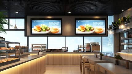 Blank mock up for menu board display screen, for restaurant cafe food business. Warm cozy atmosphere