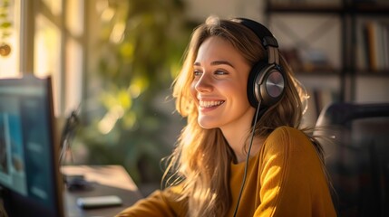 Smiling young woman wearing headphones engaged in a web conference while working remotely from a comfortable home office setting.