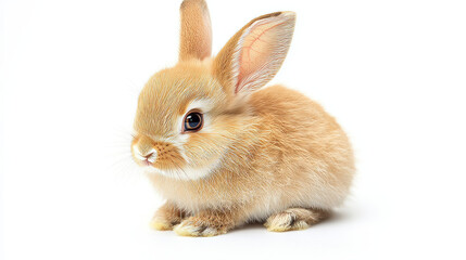 Obraz premium Little brown rabbit sits on a white background and stares curiously at something. With its adorable ears and playful nature, this puppy-like bunny makes a cute Easter bunny concept.