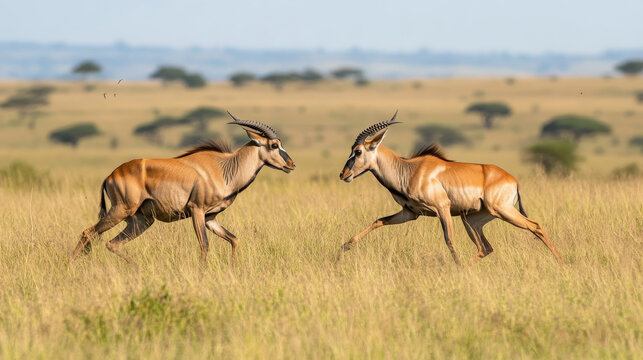 Male Topi antelopes clash in the grasslands of Maasai Mara National Reserve, Kenya.