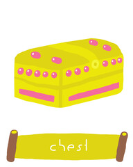 Learn ancient Egypt objects flashcard. Learning English words for kids. Cute hand drawn doodle educational card with golden king tomb chest. Preschool desert learning material