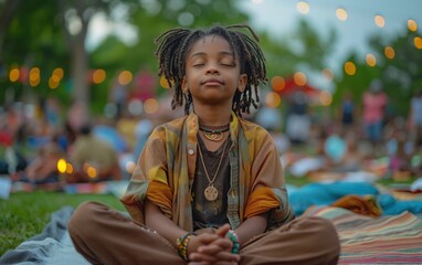 A child participates in a mindful meditation exercise at a summer book club gathering in a serene park environment
