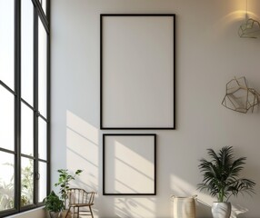 Elegant Advertising Mockup: a Blank 3:4 Poster Frame Hanging on a Wall, with Windows, Furniture, and Soft Lighting, advertising photography, Graphic Resources, Brochure, banner, promotion, 
