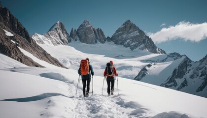 Two climbers in bright jackets trek through a snowy mountain range under a clear blue sky, enjoying breathtaking views of the majestic peaks