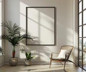 Elegant Advertising Mockup: a Blank 3:4 Poster Frame Hanging on a Wall, with Windows, Furniture, and Soft Lighting, advertising photography, Graphic Resources, Brochure, banner, promotion, 